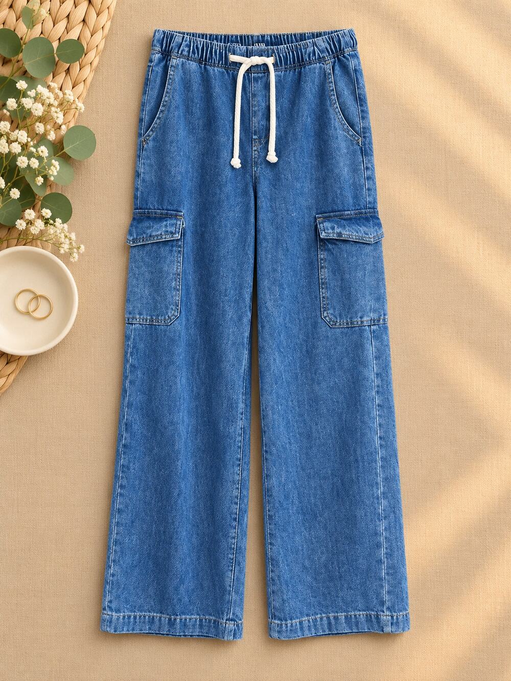 Gap High Rise Wide Leg Cargo Jeans Medium Wash Pull On Drawstring Utility Size S